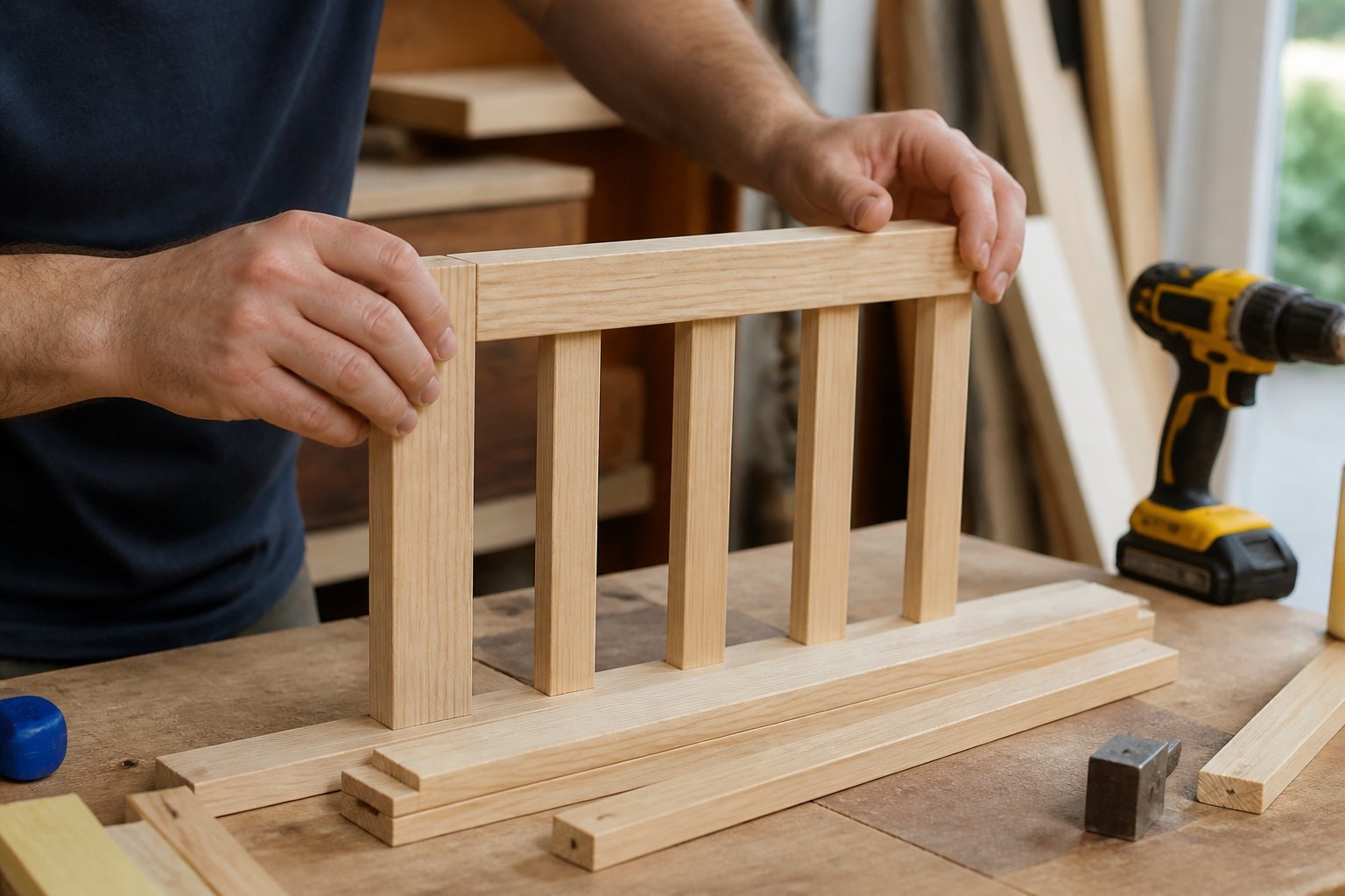 Hands measuring and fitting wooden rails and stiles on a workbench with tools nearby in a softly lit workshop.