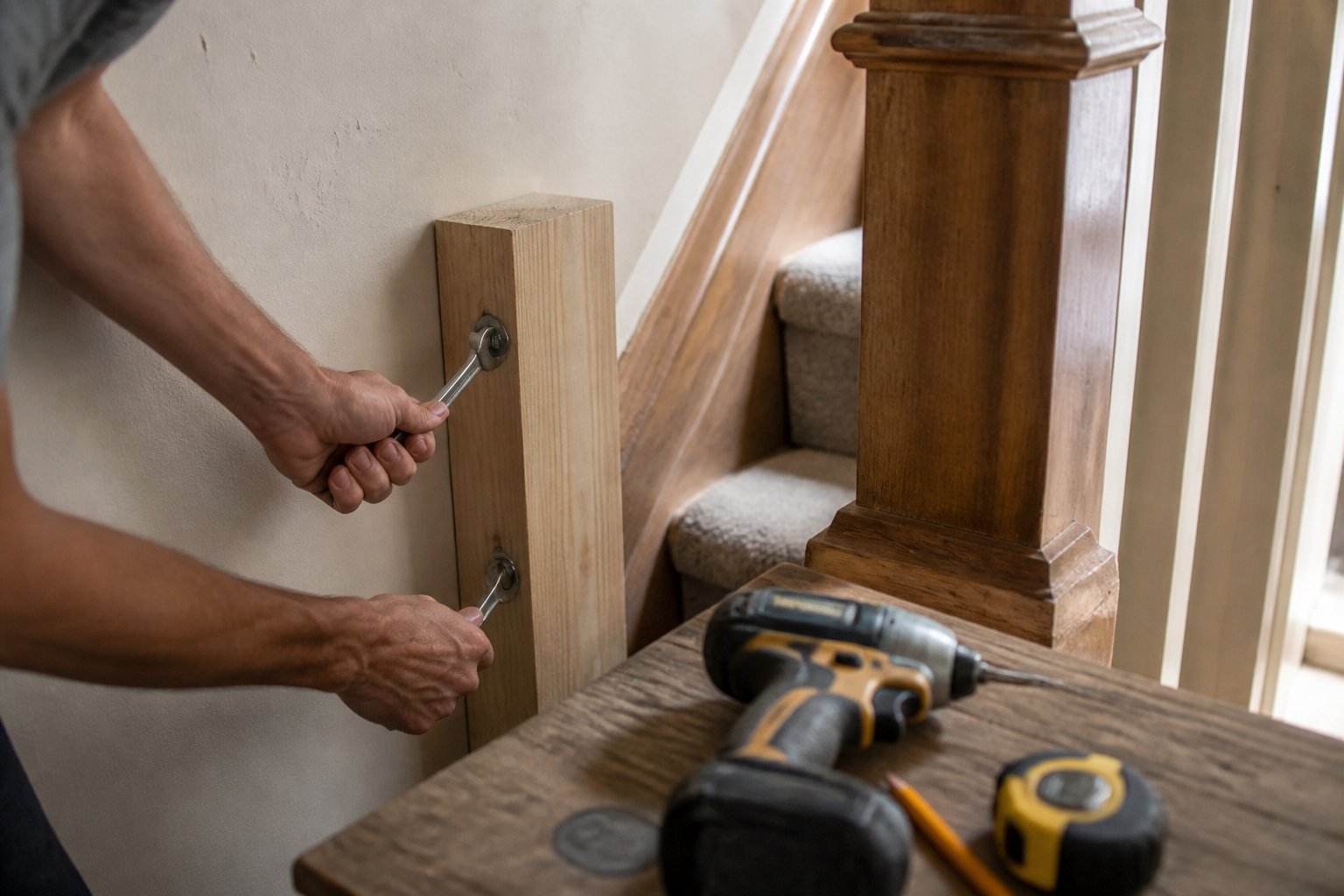 Hands using a drill to attach a wooden blocking to a stair banister with tools nearby on a wooden surface.