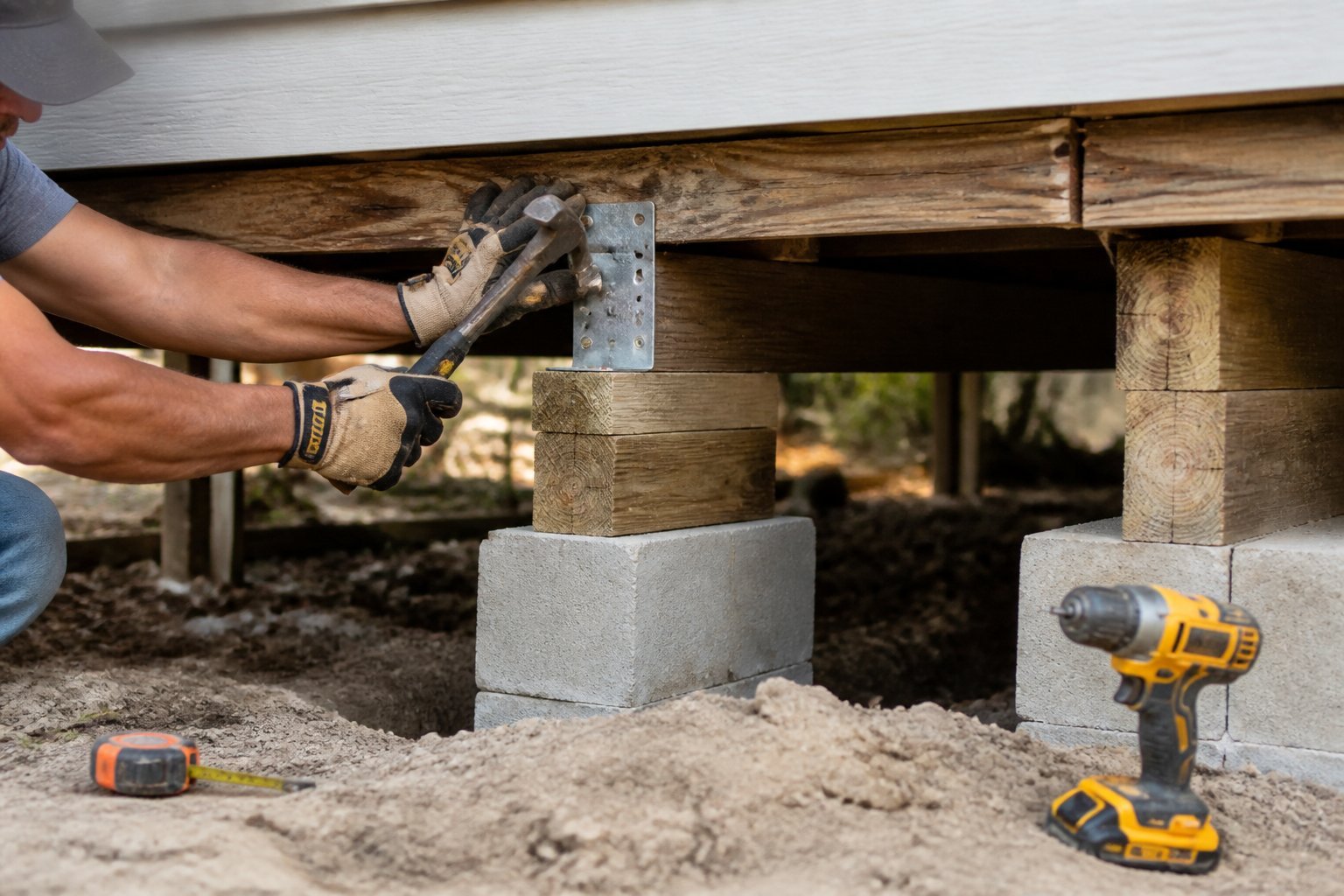 A close-up view of a mobile home's foundation with underpinning materials and a person's gloved hands holding a tool, surrounded by work tools and natural daylight.