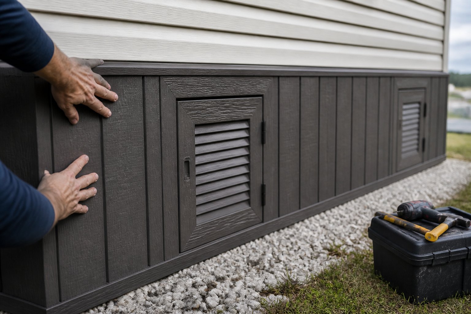 Close-up of charcoal vinyl skirting panels with vented doors on a mobile home exterior, with hands and tools nearby.