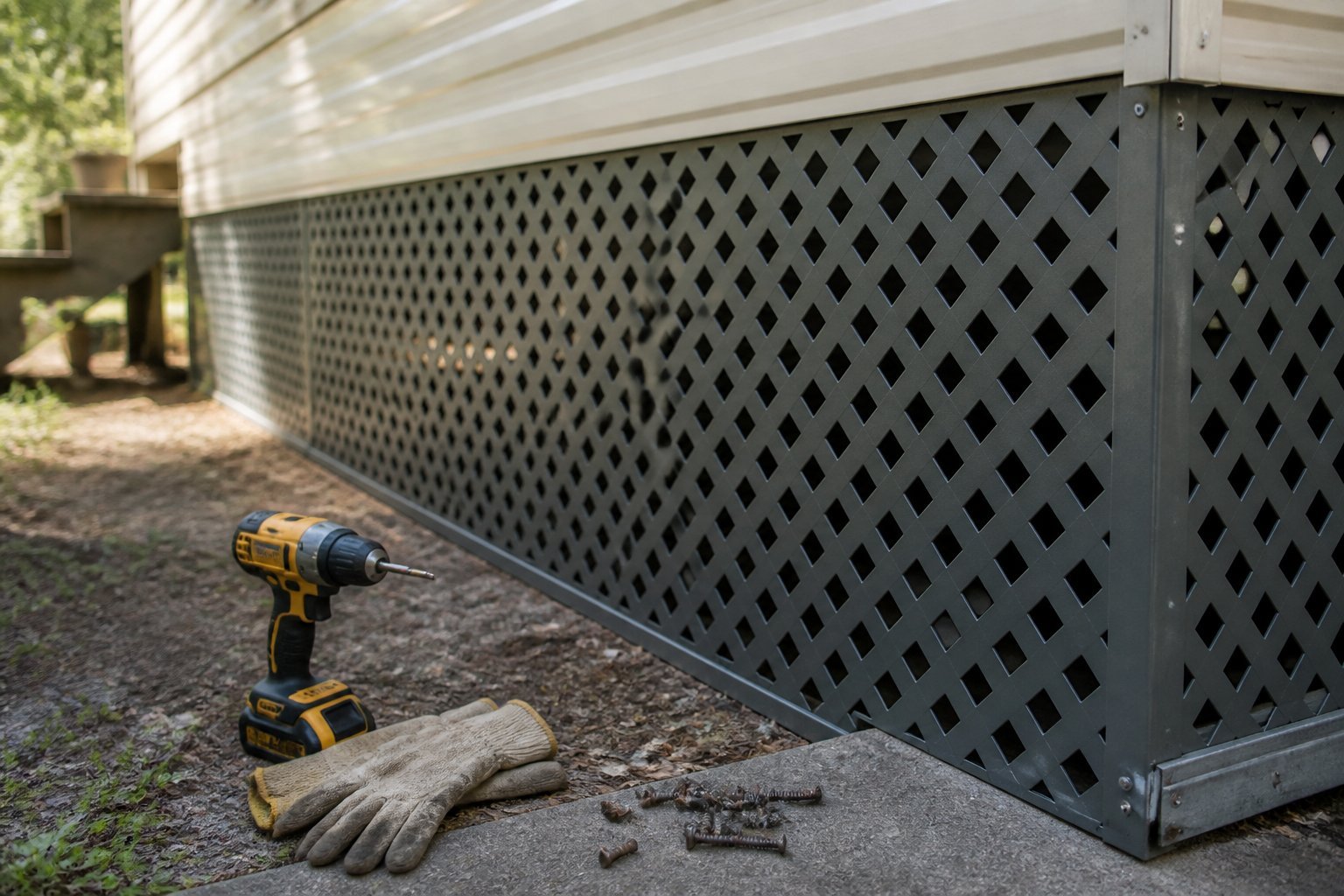 Close-up of perforated metal lattice skirting with powder-coat finish around a mobile home base, with work gloves and a cordless drill nearby.