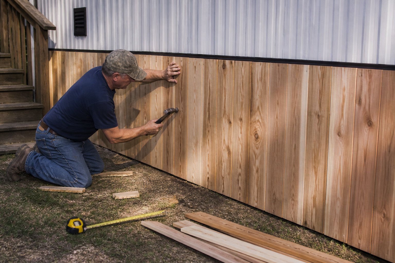 Close-up view of a mobile home skirting made of insulated foam board covered with vertical cedar planks, with tools and hands visible working on it.