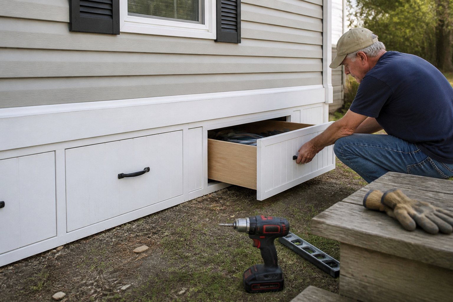 Close-up view of a mobile home with skirting featuring built-in under-home storage drawers, a hand opening a drawer, and tools resting nearby.