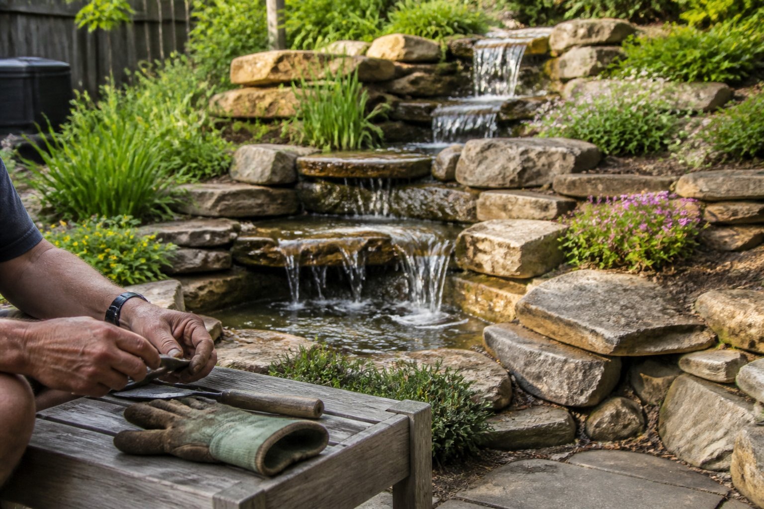 Backyard multi-tier natural stone waterfall with planted shelves and greenery, with hands adjusting gardening tools nearby.