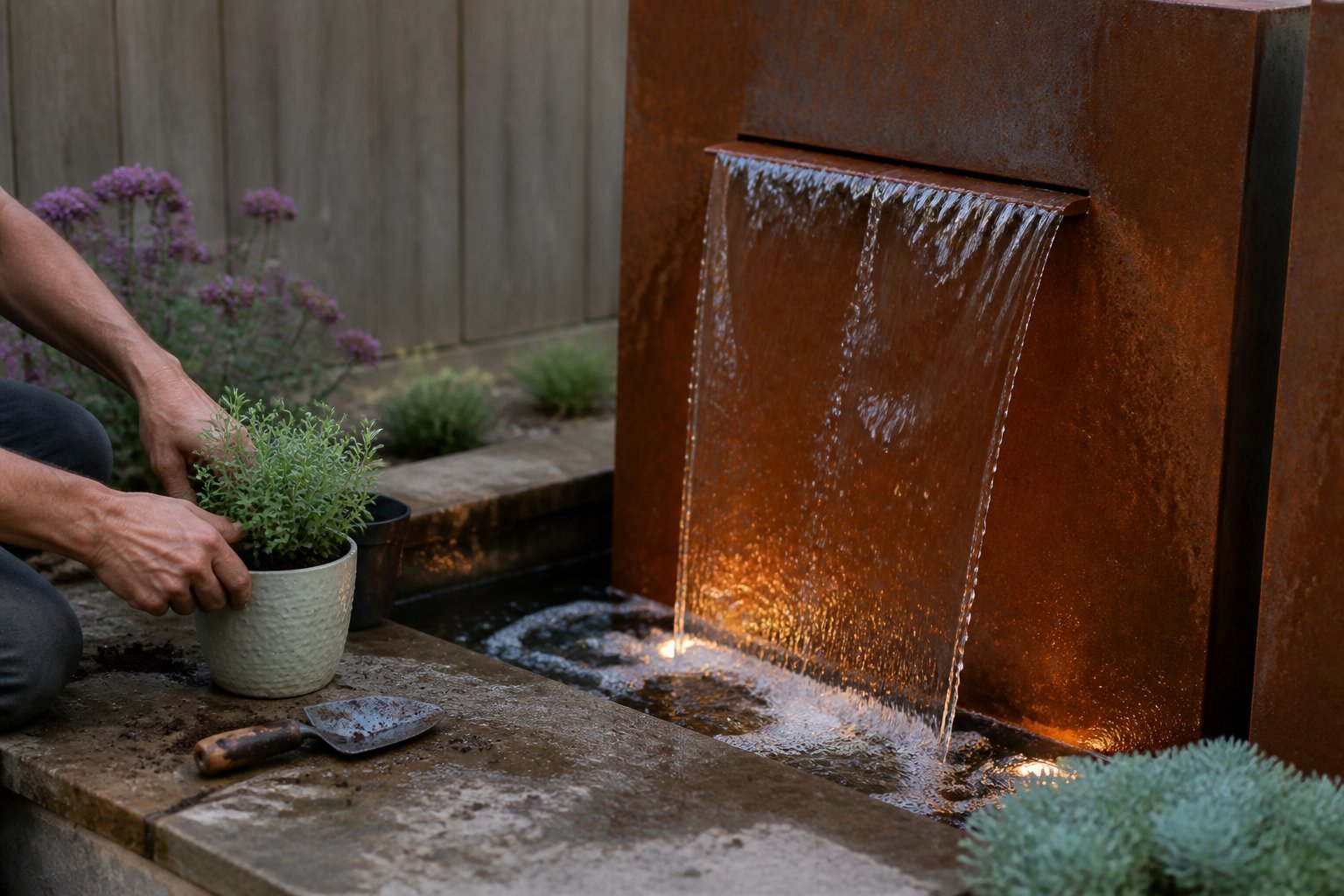 Backyard with a modern corten steel sheet waterfall softly lit by LED lights, surrounded by plants and garden tools.