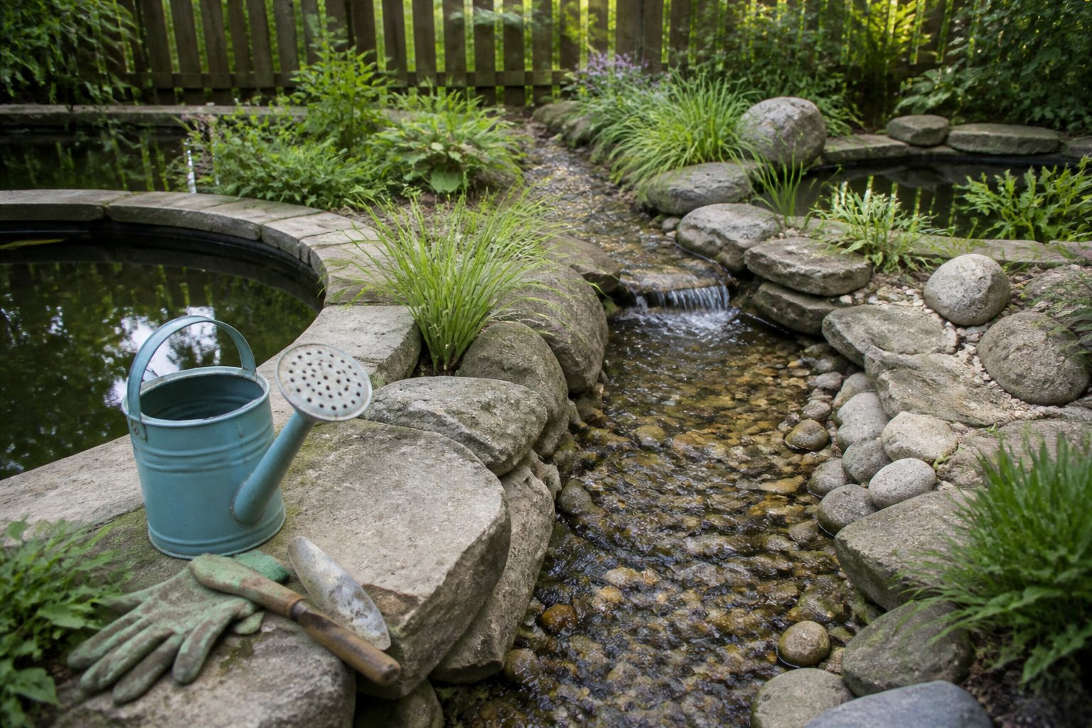 A backyard scene showing a pebble-lined stream connecting two ornamental ponds with gardening tools and gloves casually placed nearby.