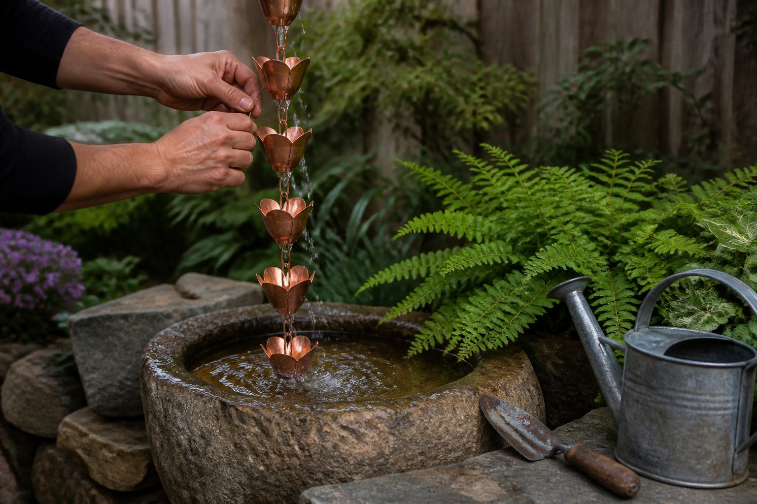 A backyard freestanding copper rain chain waterfall feature with water flowing into a stone basin surrounded by plants, with hands adjusting the chain and gardening tools nearby.