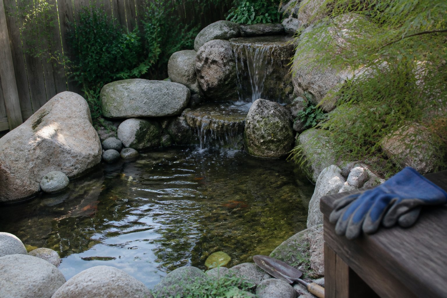 Small backyard corner with a tiered boulder waterfall flowing into a shallow koi pond surrounded by plants, with gardening gloves and a hand trowel nearby.