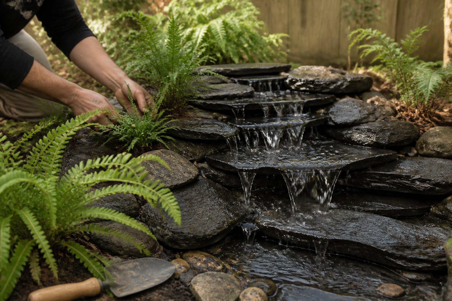 A small backyard corner with a slate-ledge waterfall surrounded by native ferns, showing gardening tools and hands tending the plants.