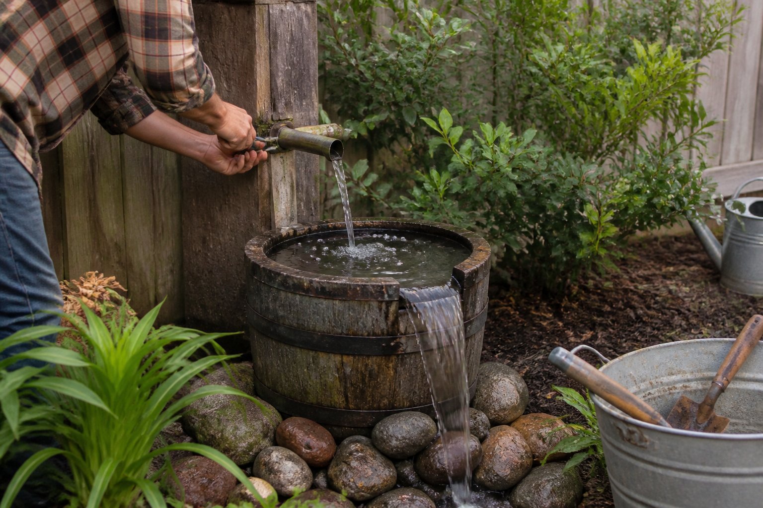 A small backyard corner with a recycled stone barrel spillover fountain surrounded by plants and garden tools, with water gently flowing from the barrel.