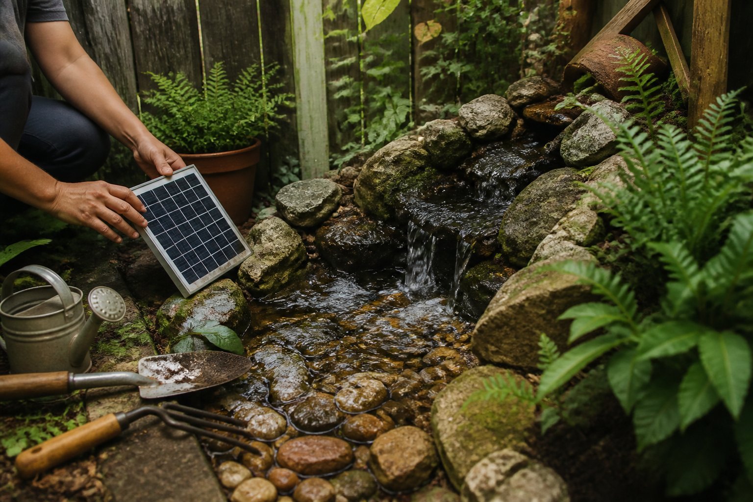 A small backyard corner with a solar-powered stream flowing over pebbles, surrounded by plants and gardening tools, with hands adjusting the setup.