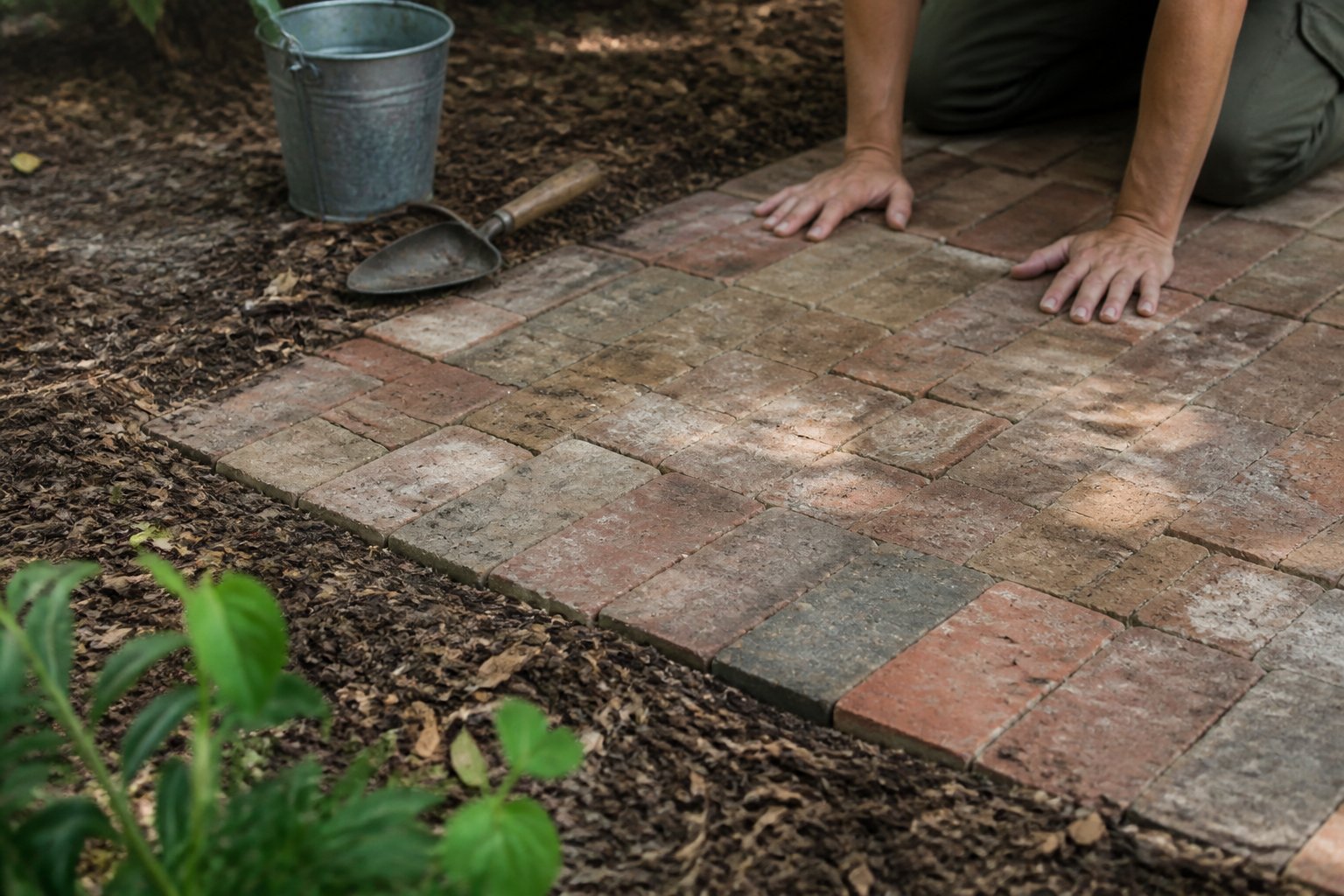 A backyard patio made of recycled brick pavers with dirt and natural ground cover around it, showing gardening tools and a pair of hands resting on the patio edge.