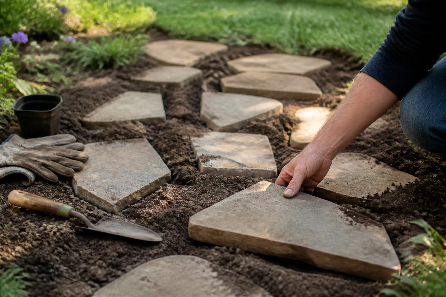 A backyard scene showing flagstone stepping stones laid over dirt with gardening tools and a hand adjusting a stone.