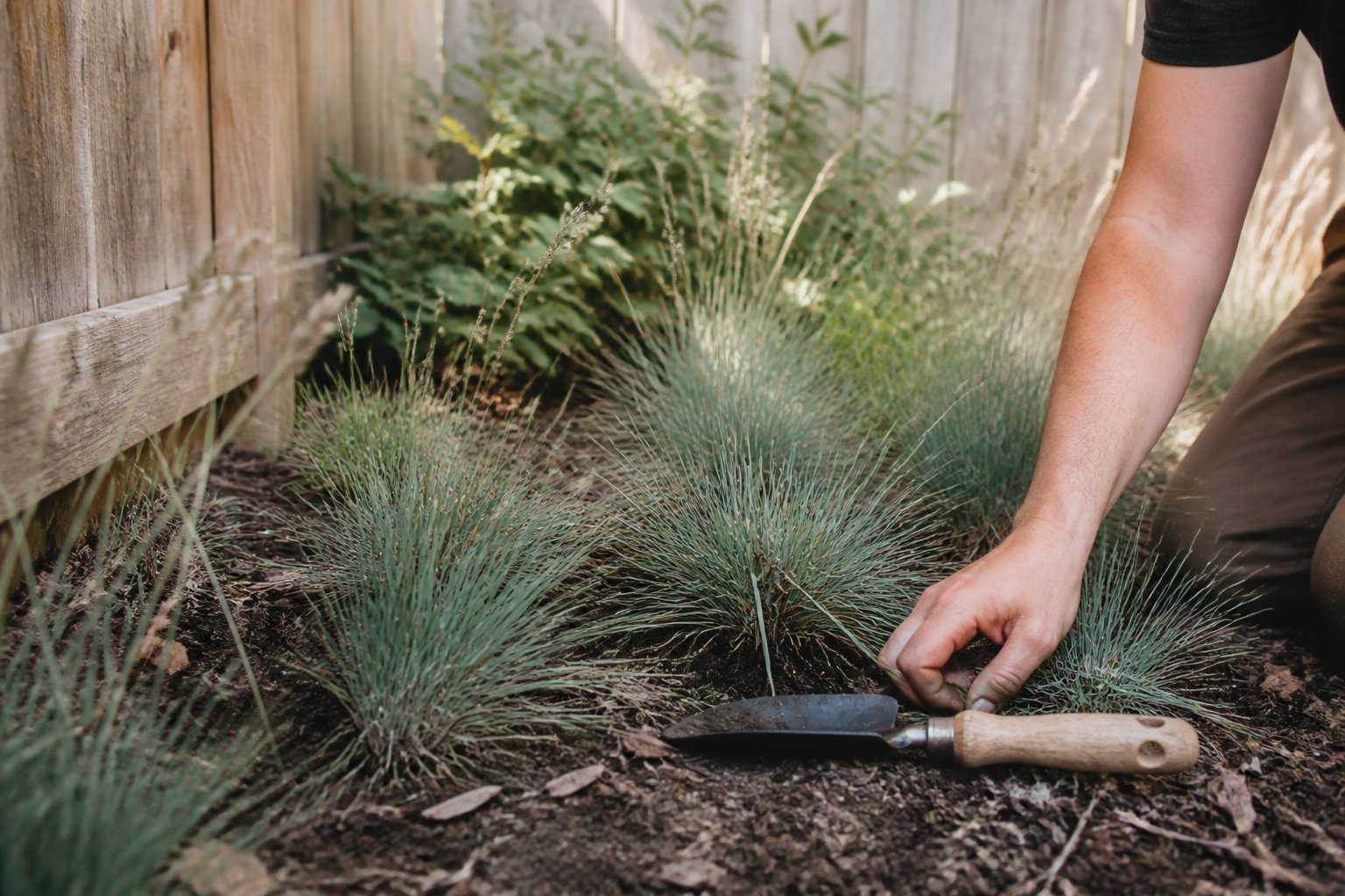A backyard scene showing Little Bluestem grasses covering patches of dirt with gardening tools and hands tending the plants.