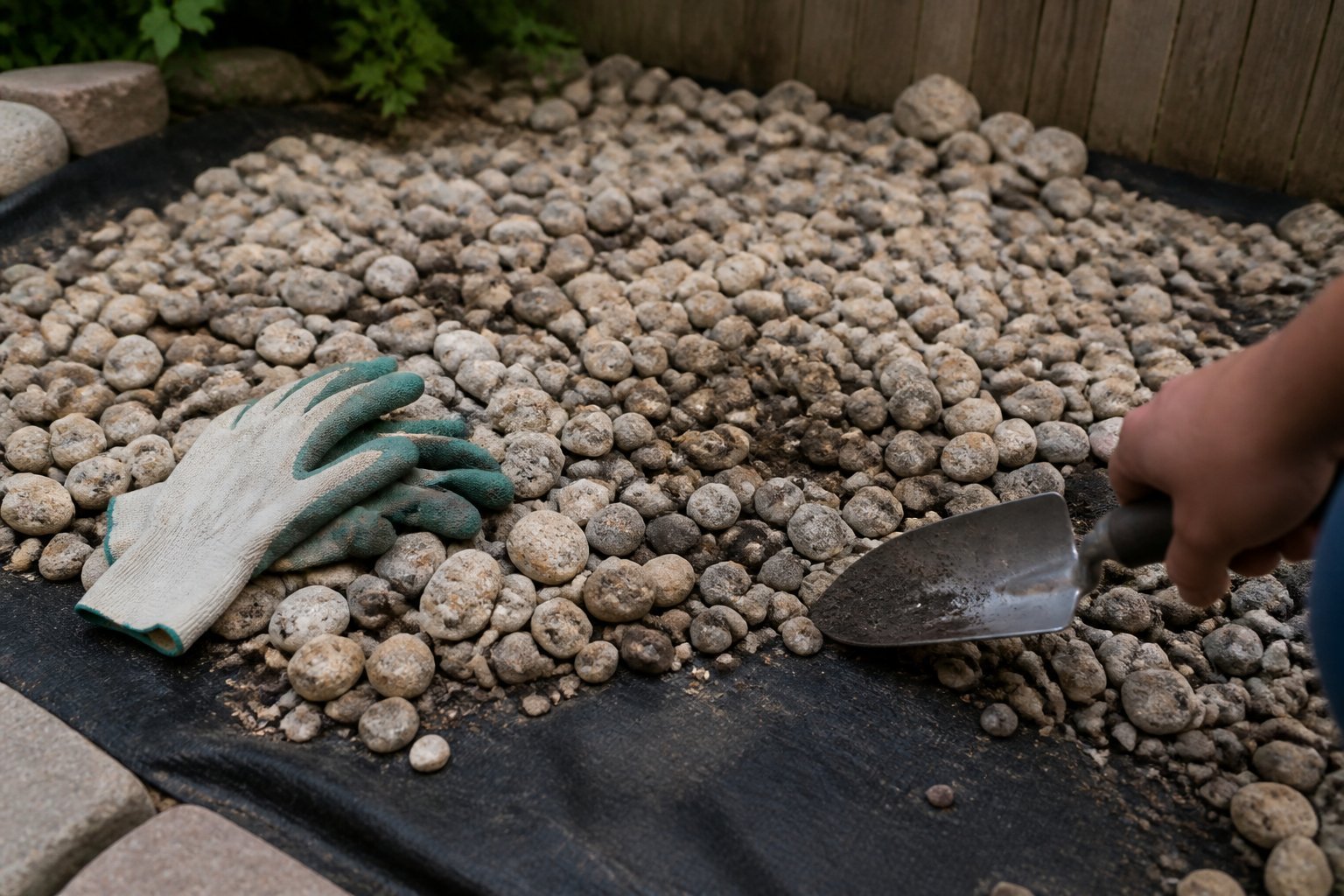 Backyard area with landscape fabric covered by river rocks, showing gardening gloves and a hand holding a trowel.
