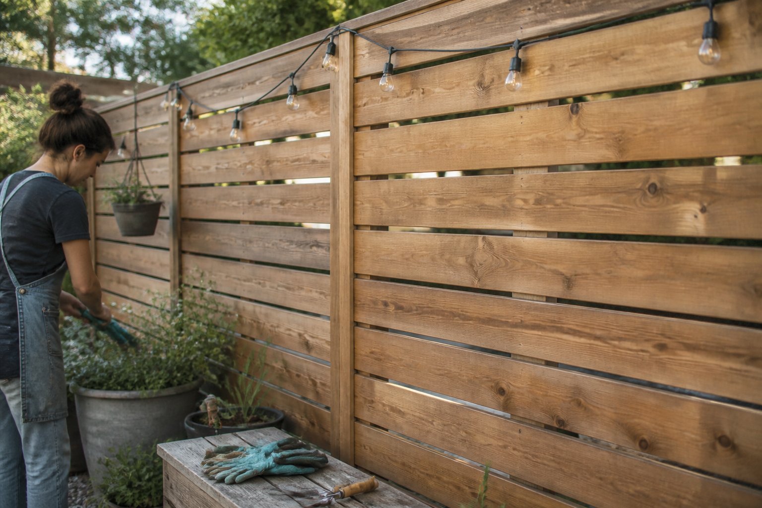 Backyard scene showing a tall cedar privacy fence with horizontal slats and gardening tools resting nearby.