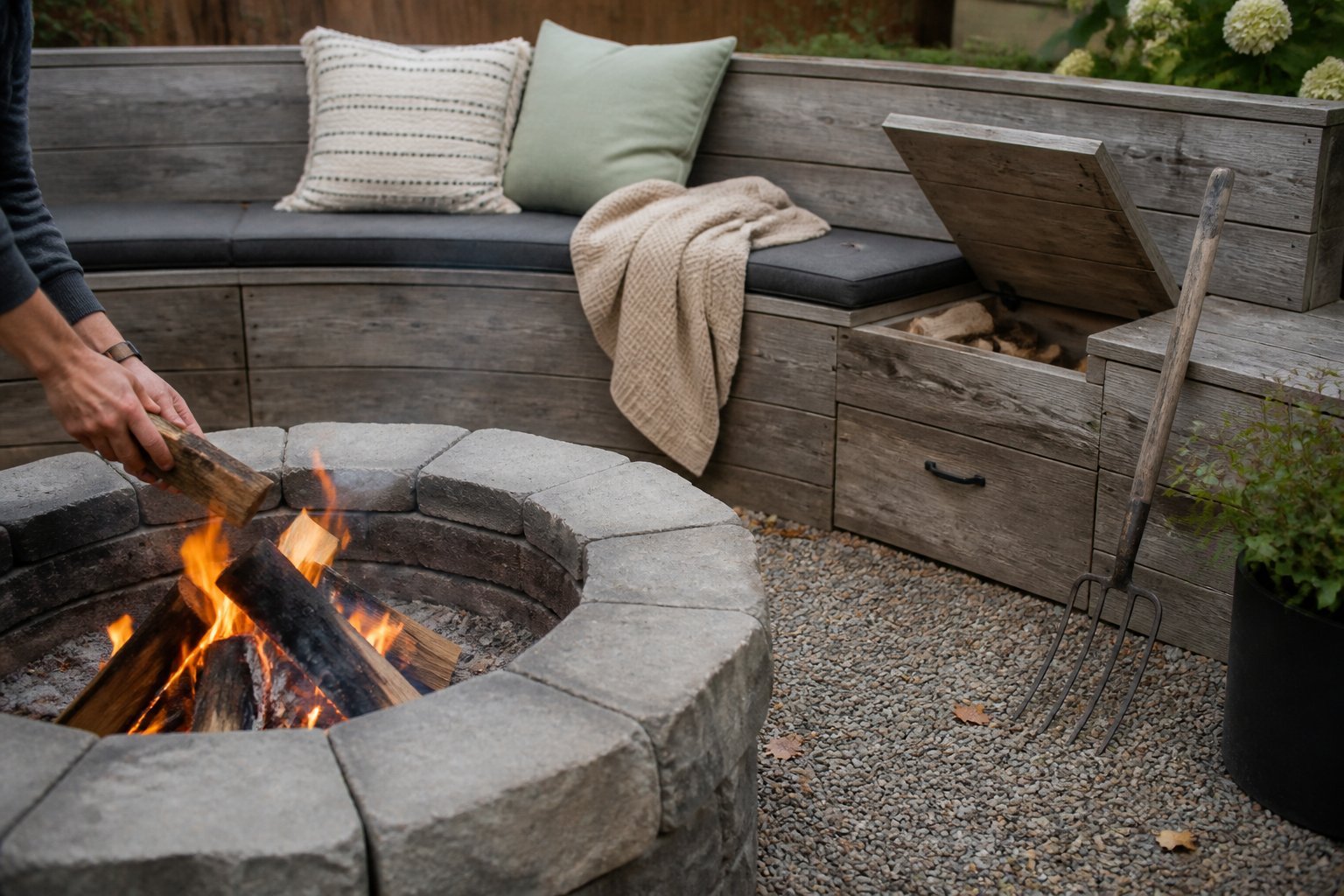 Backyard fire pit with built-in seating and hidden storage, showing hands adding logs to the fire and gardening tools nearby.