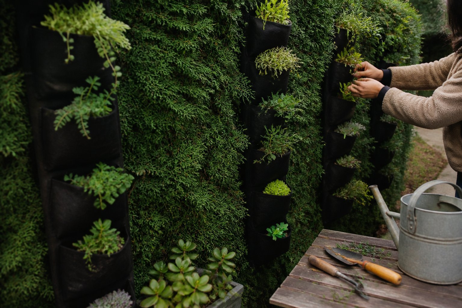 Backyard privacy wall made of evergreen shrubs and vertical planters with green plants, featuring hands tending to the plants and gardening tools nearby.