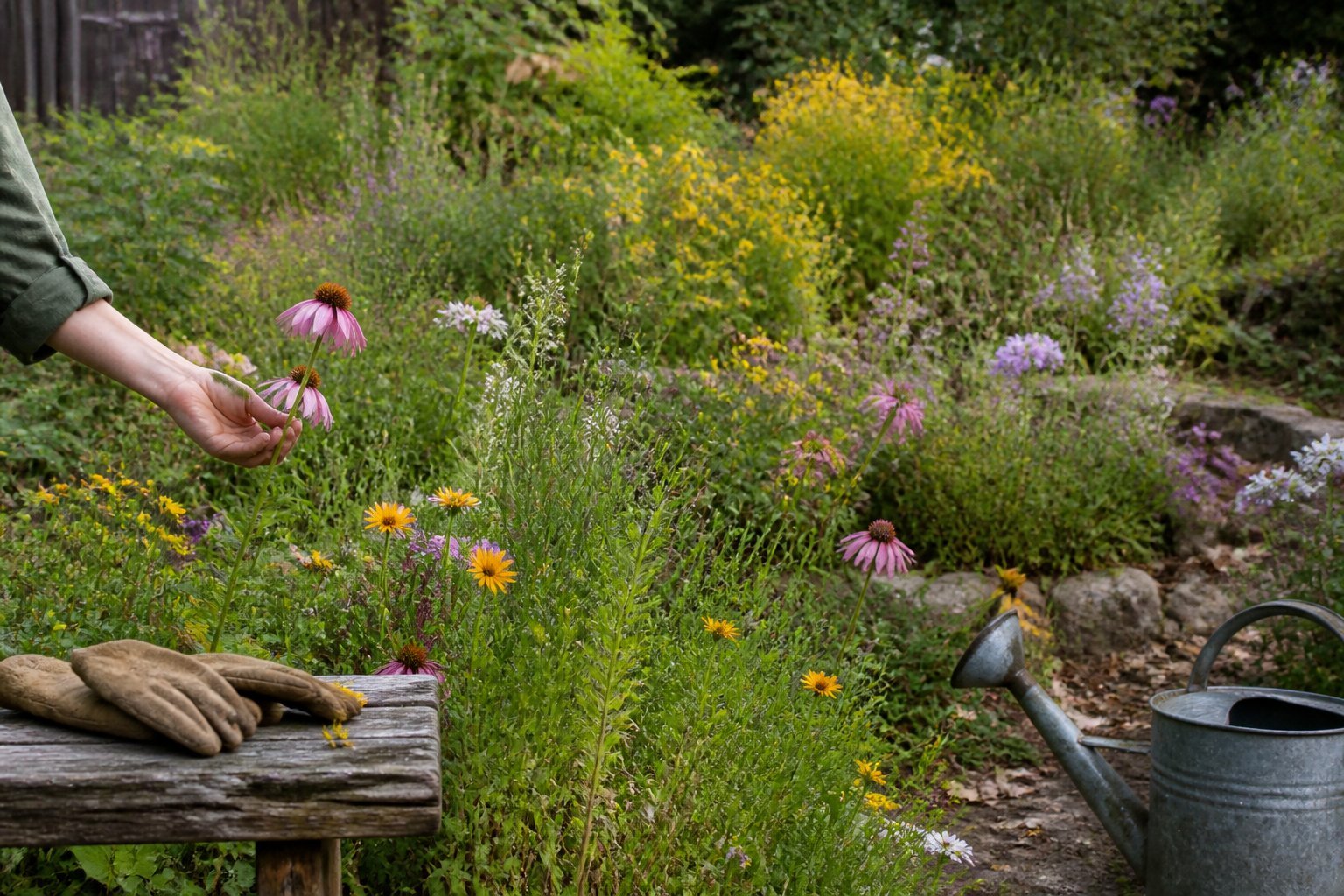 A multi-level wildflower meadow in a backyard with gardening gloves on a wooden bench, a hand touching flowers, and a watering can nearby.