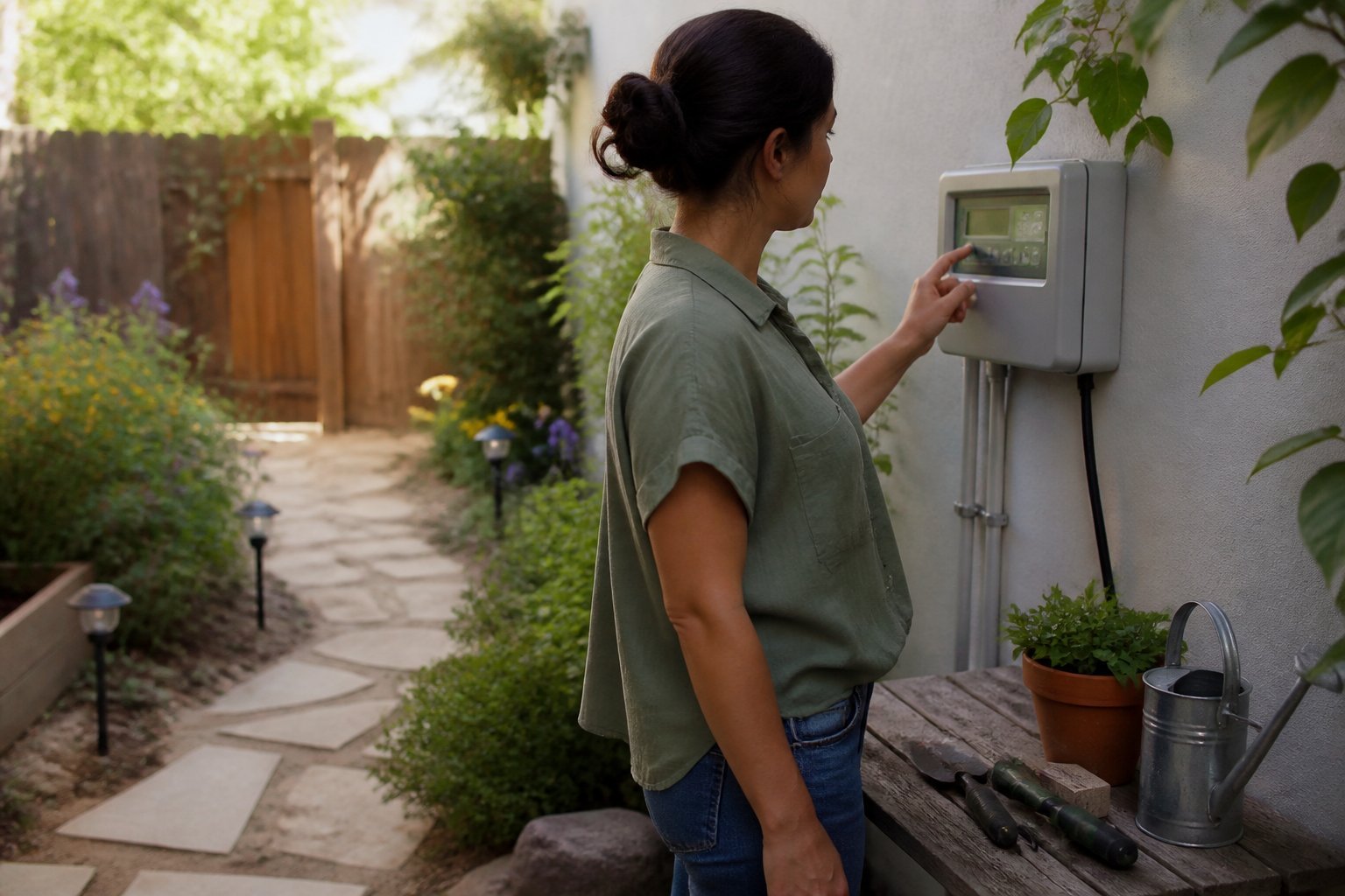 A backyard scene with solar pathway lights, a person adjusting a smart irrigation control panel, and gardening tools resting on a bench.