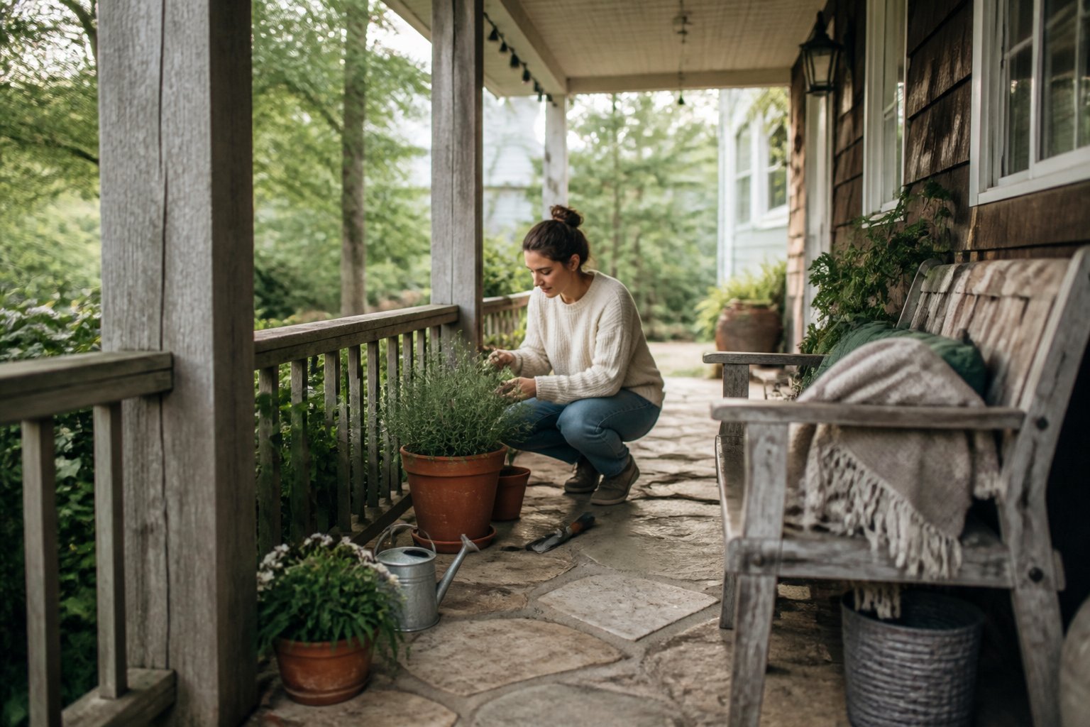 A covered front porch with wooden railings and stone floor, featuring potted plants, a rustic bench with a folded blanket, and gardening tools, all bathed in soft daylight.