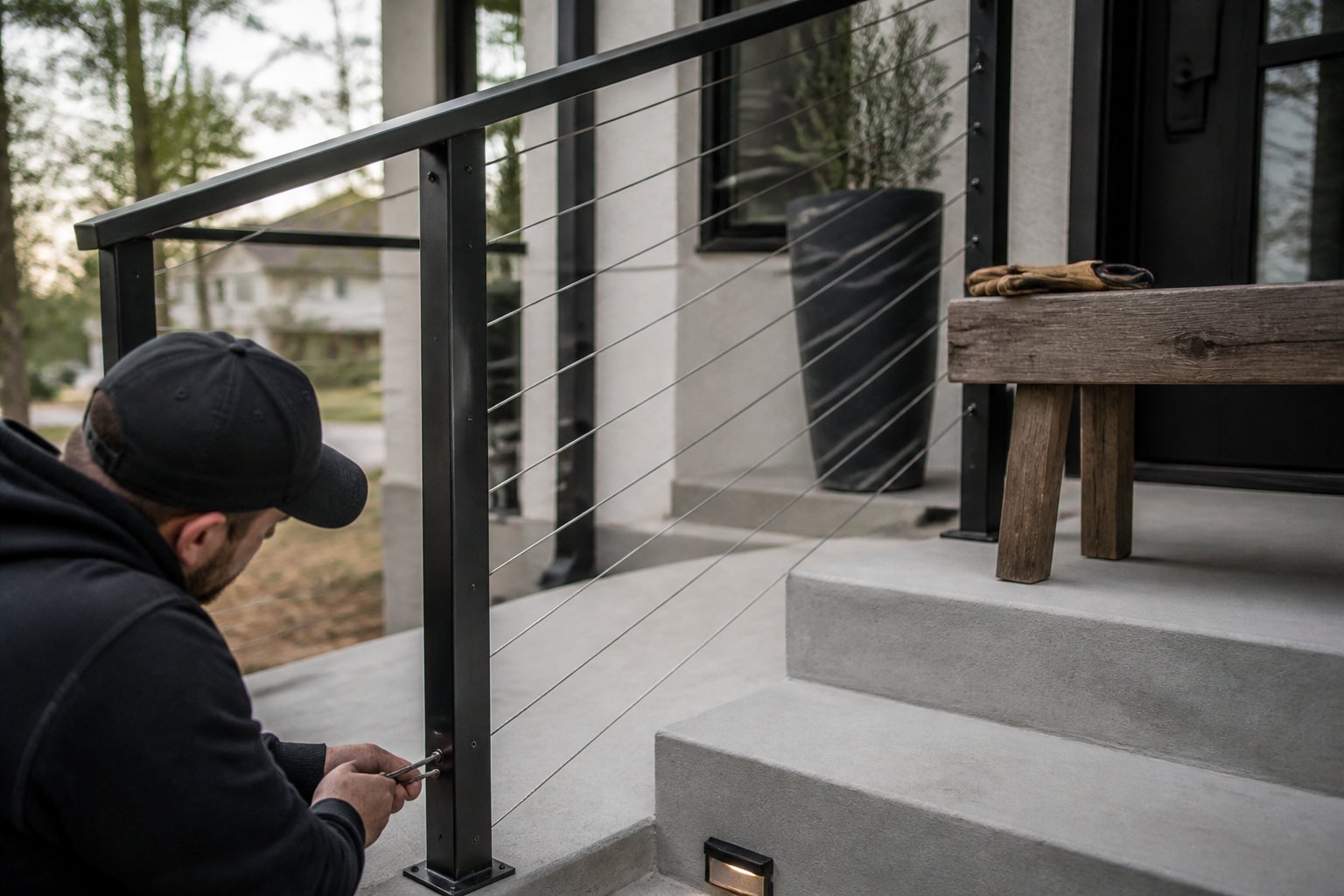 A modern minimalist front porch with sleek metal railings and integrated lighting, showing a casual scene with tools and hands adjusting the railing under soft daylight.