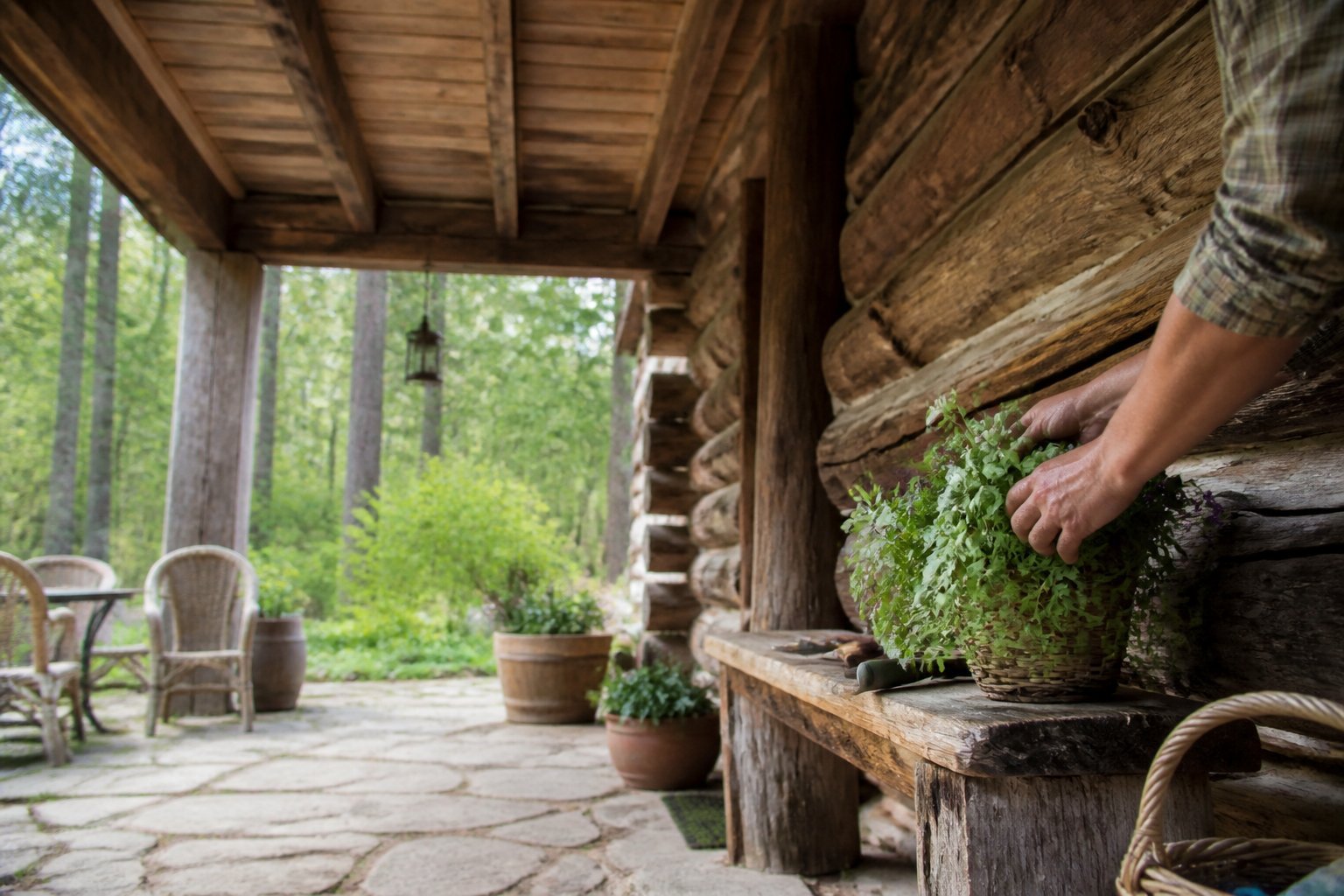 A rustic log cabin porch with a reclaimed wood beam ceiling, showing worn wooden surfaces, tools on a bench, and hands tending to a plant in soft daylight.