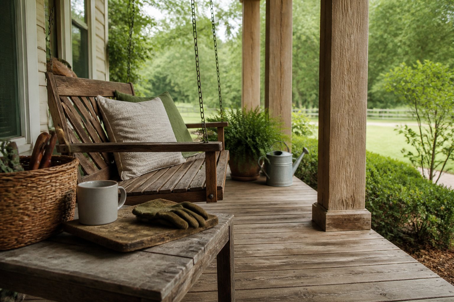 A southern-style covered front porch with a wooden swing hanging between tall pine columns, featuring gardening gloves, a basket with tools, and a coffee mug on a side table.