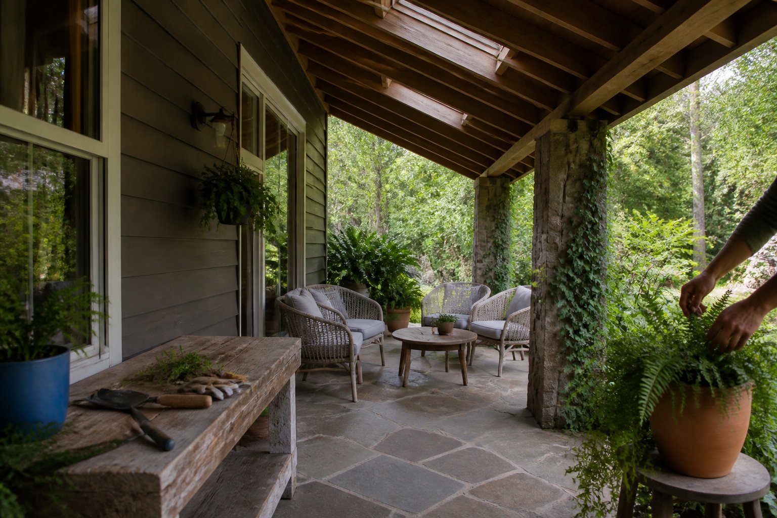 Covered front porch with vaulted ceiling and skylights, showing wooden furniture, stone floor, and hands tending to a potted plant.