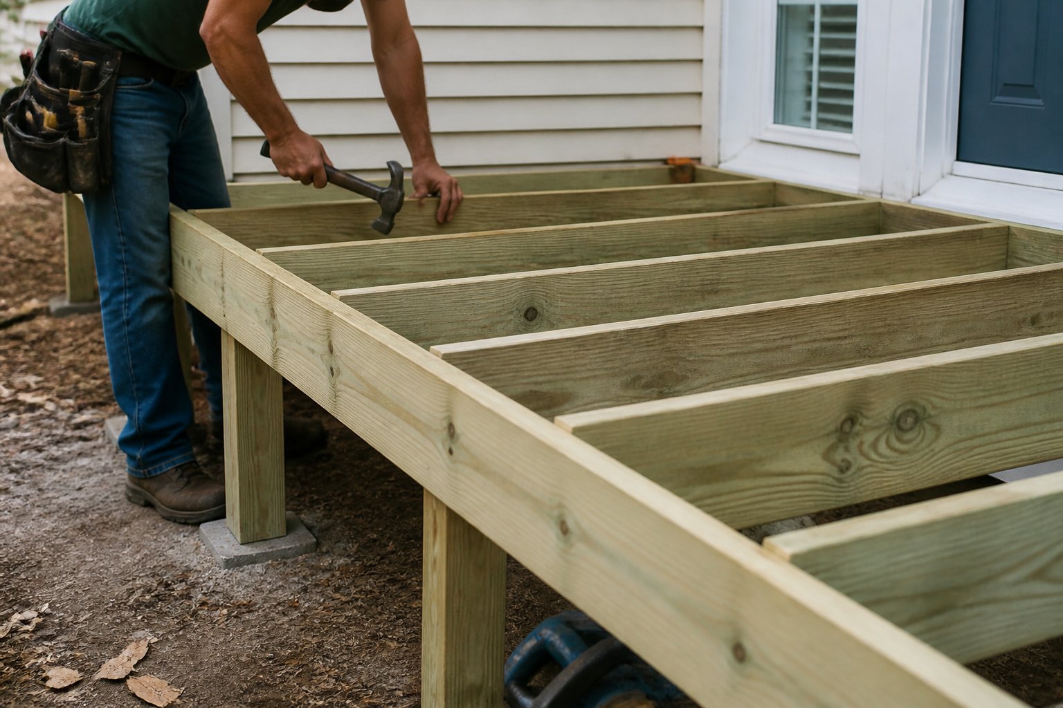 A person framing the perimeter of a front porch with treated rim joists and spaced floor joists outdoors during daylight.