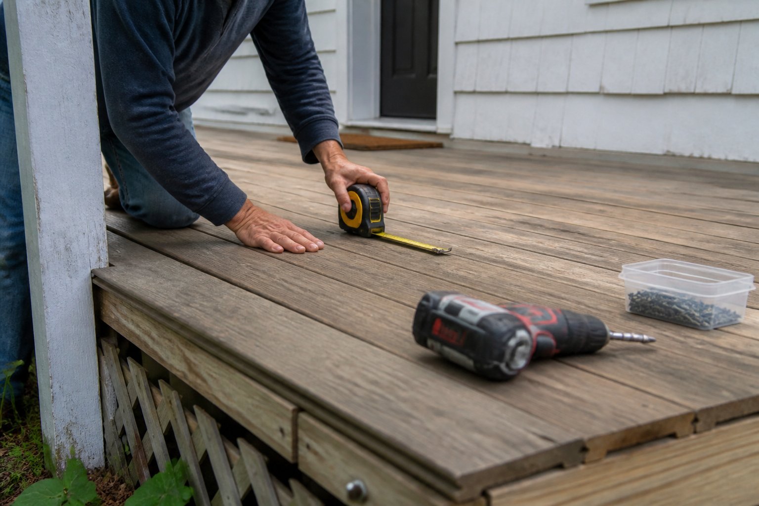 A person installing composite decking on a front porch of a house with tools and ventilation details visible.