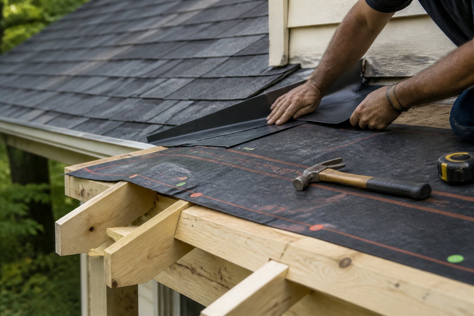 Hands working on attaching a new porch roof to an existing house roofline, with tools and roofing materials visible.