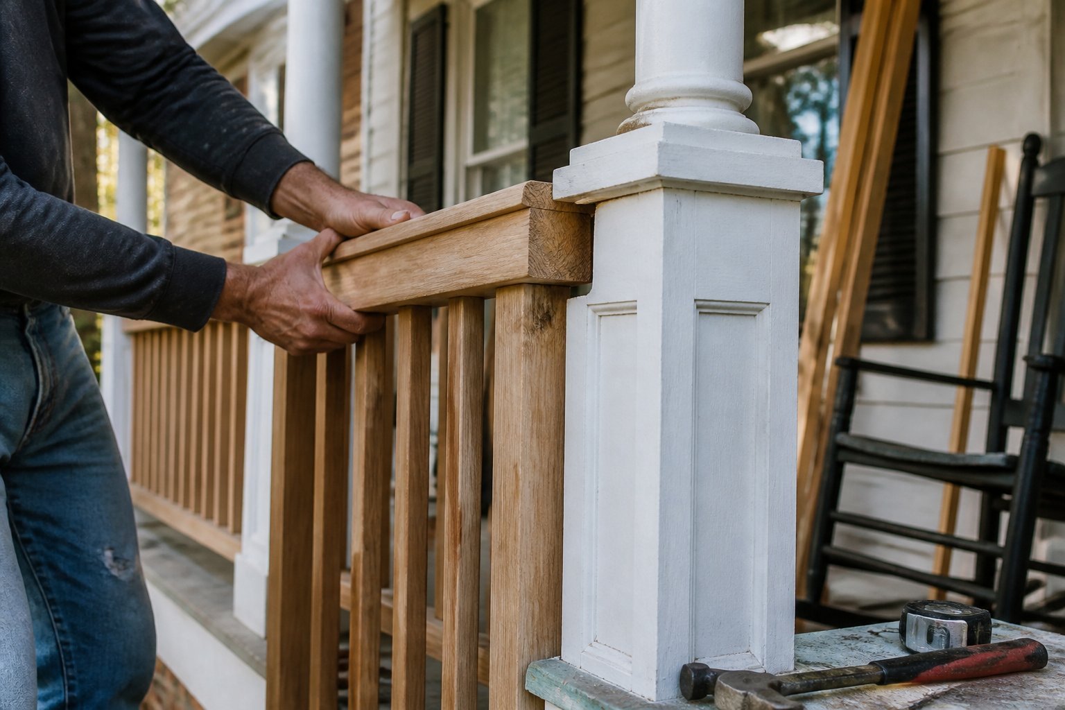 A person working on adding columns and railings to a front porch of a house, with tools and wooden materials visible in natural daylight.