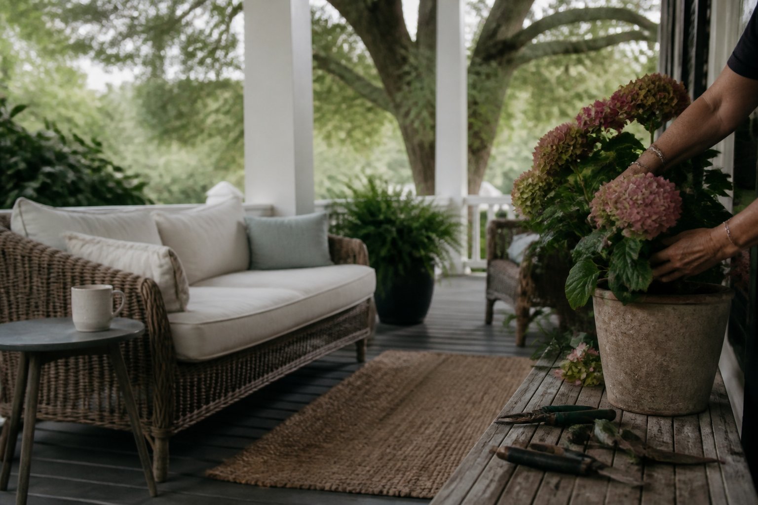 A cozy wrap-around porch with outdoor furniture, potted plants, gardening tools, and a coffee cup, bathed in soft daylight.