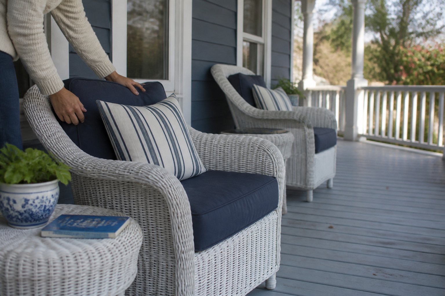 Coastal blue wrap-around porch with navy and white wicker seating, a small potted plant, and a book on a side table.