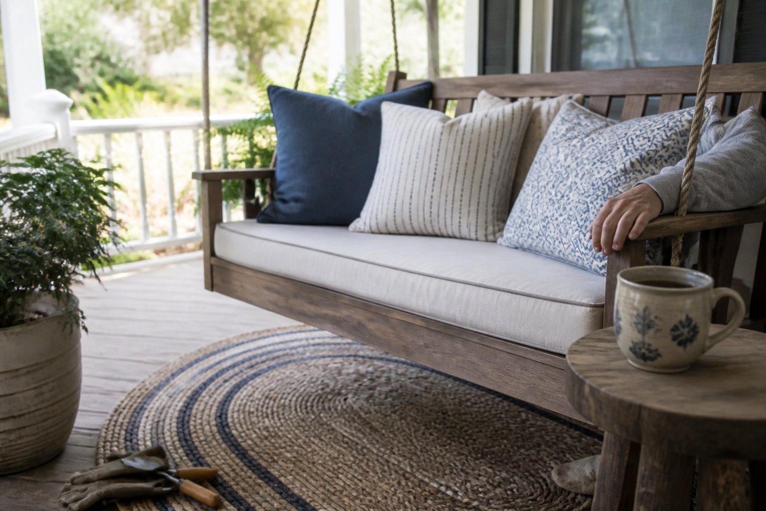 A porch swing on a wrap-around porch with a braided outdoor rug underneath, softly lit by daylight with hands resting on the swing and a small gardening tool set nearby.