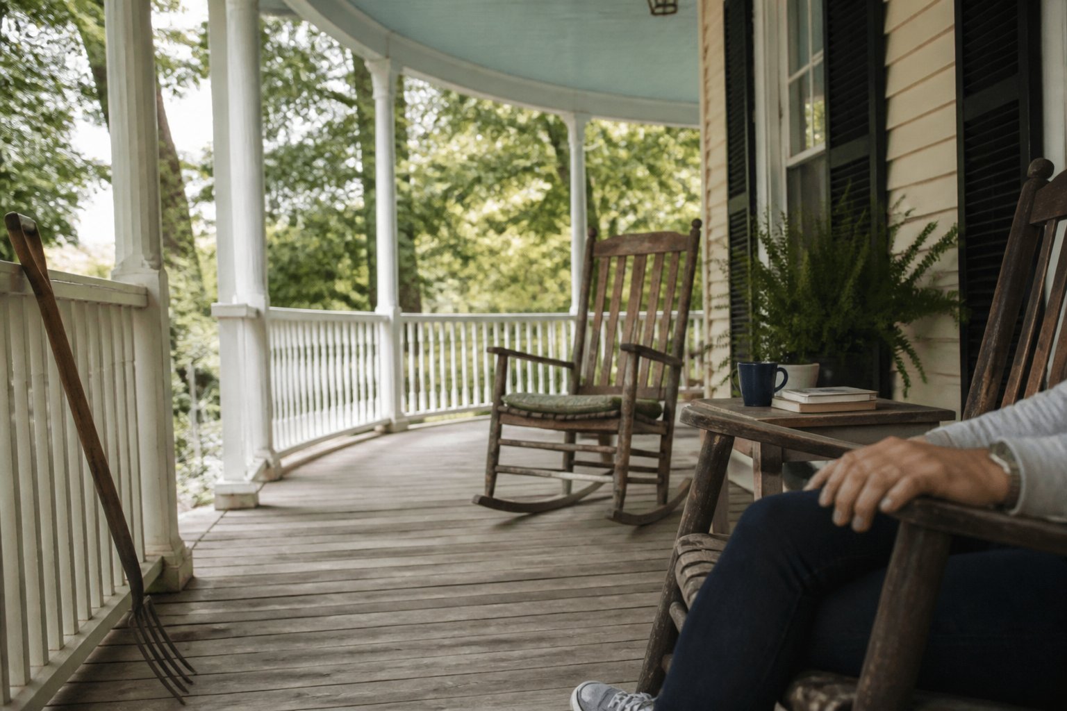 A wrap-around porch with classic wooden rocking chairs and a beadboard ceiling, showing a casual scene with hands on a chair and a gardening tool nearby.