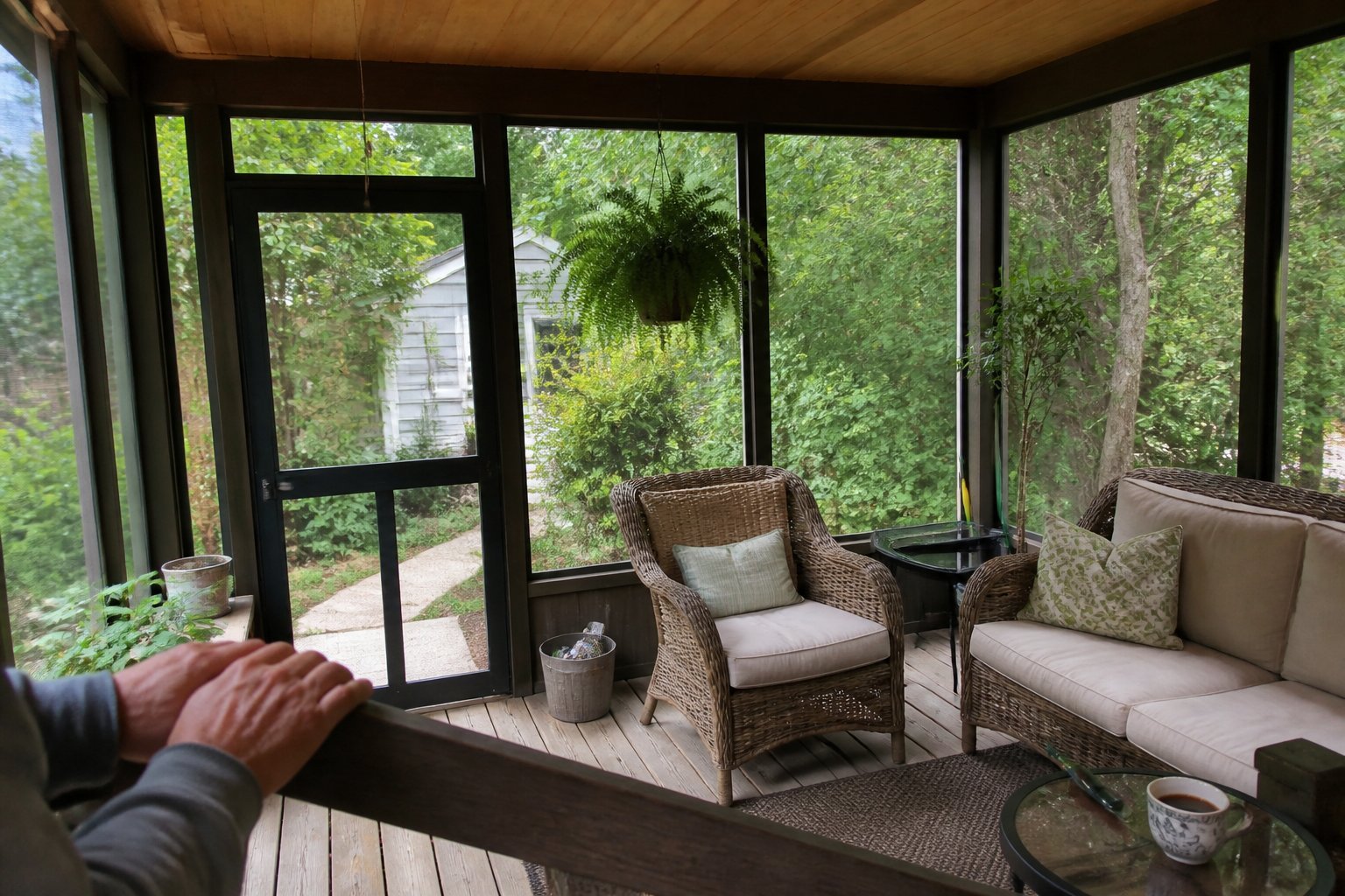 A cozy screened porch with a cedar ceiling, natural wood floors, and casual furniture, showing a relaxed and inviting outdoor living space.