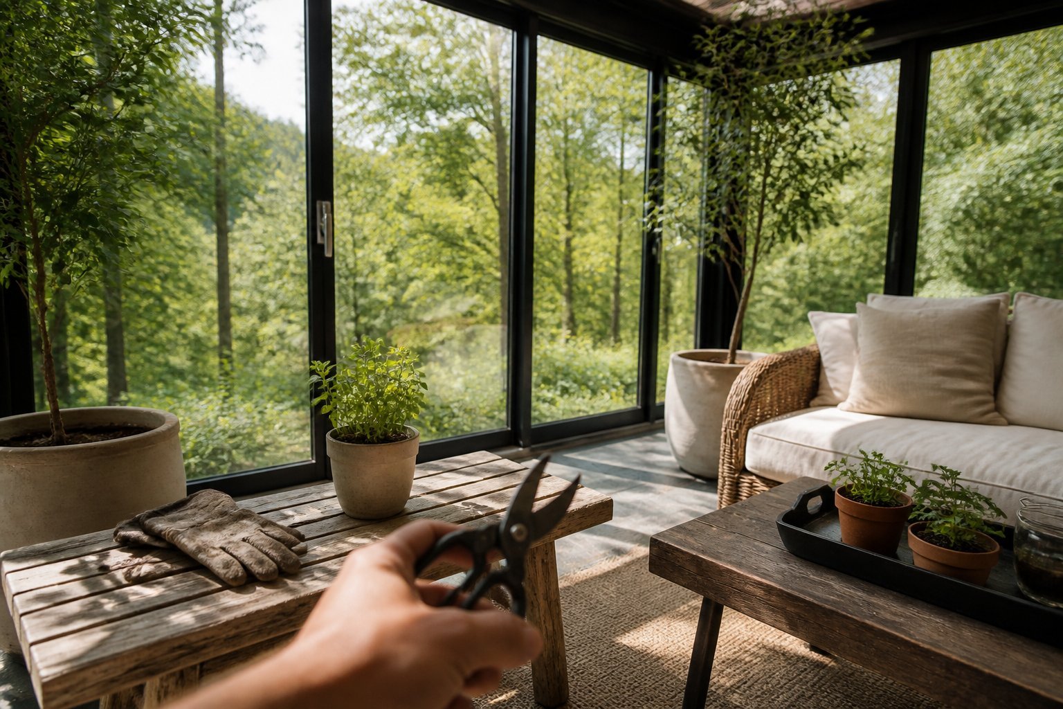 A sunroom with floor-to-ceiling windows filled with soft daylight, showing a wooden bench with work gloves, a small potted plant, and a hand holding a tool.