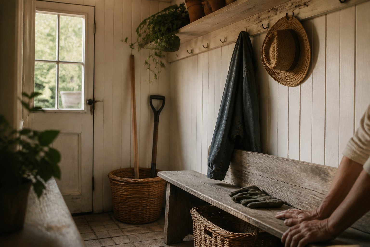 A furnished farmhouse mudroom porch with beadboard walls, wooden benches, gardening tools, and a woven basket in soft daylight.