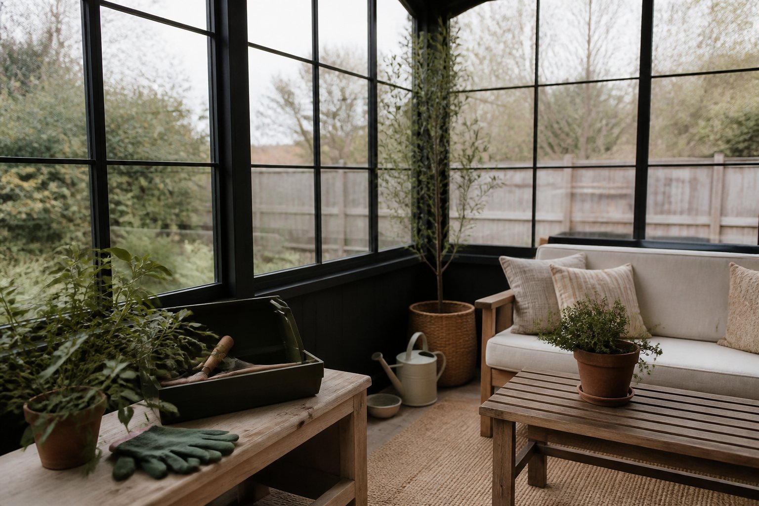 Modern minimalist enclosed porch with black-framed steel windows, a wooden bench with gardening gloves, a small potted plant, and a toolbox with hand tools in soft daylight.
