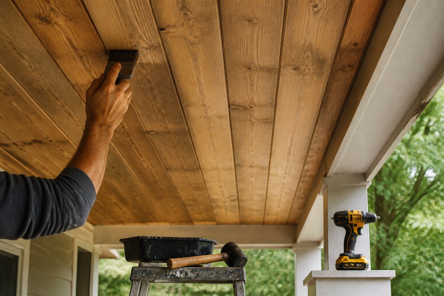 Close-up of a wooden porch ceiling being renovated with hands holding a paintbrush and tools nearby, surrounded by outdoor greenery.