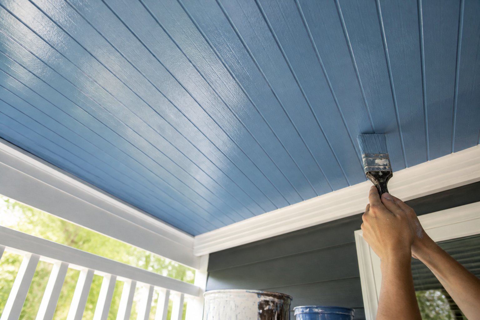 A sky blue beadboard porch ceiling with satin finish, showing hands holding a paintbrush and painting tools nearby on the porch.