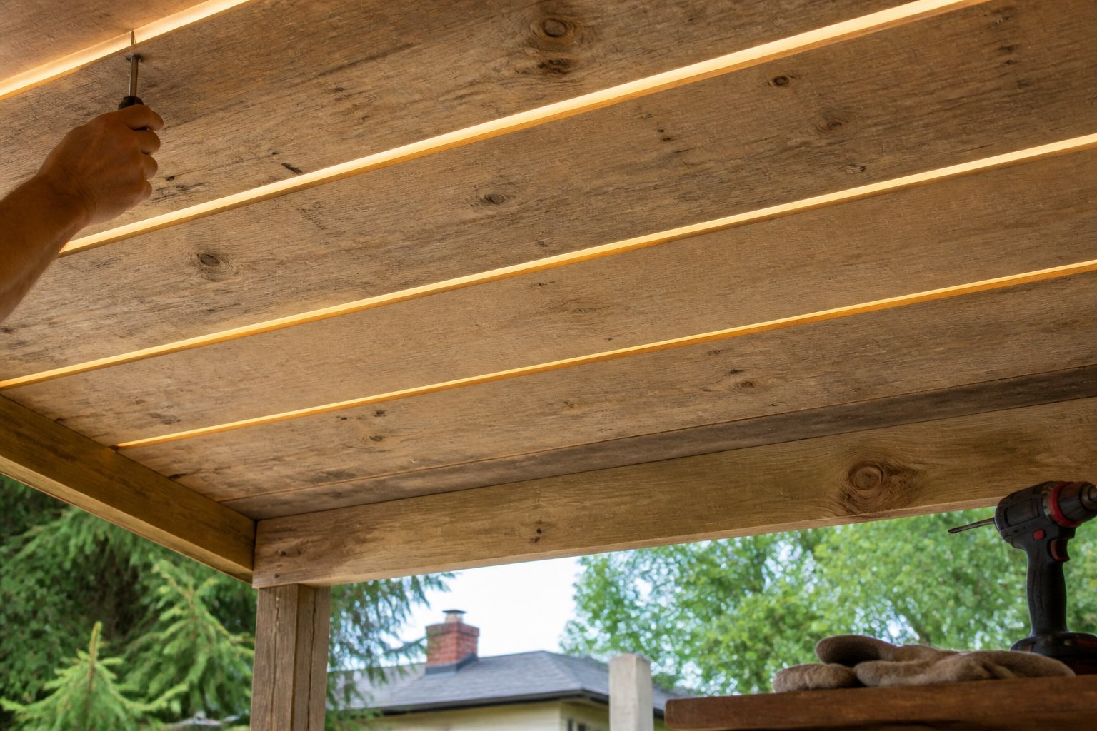 Close-up view of a porch ceiling made from reclaimed pine planks with flush LED strip lights, showing natural wood textures and a few tools casually placed nearby.