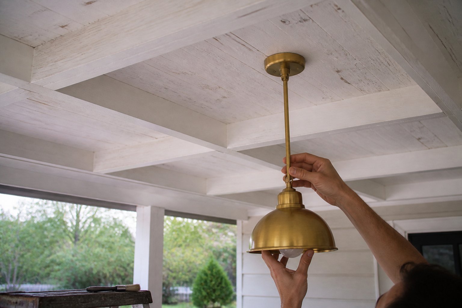 A whitewashed pine coffered porch ceiling with a brass pendant light and hands adjusting it, surrounded by tools and small objects.