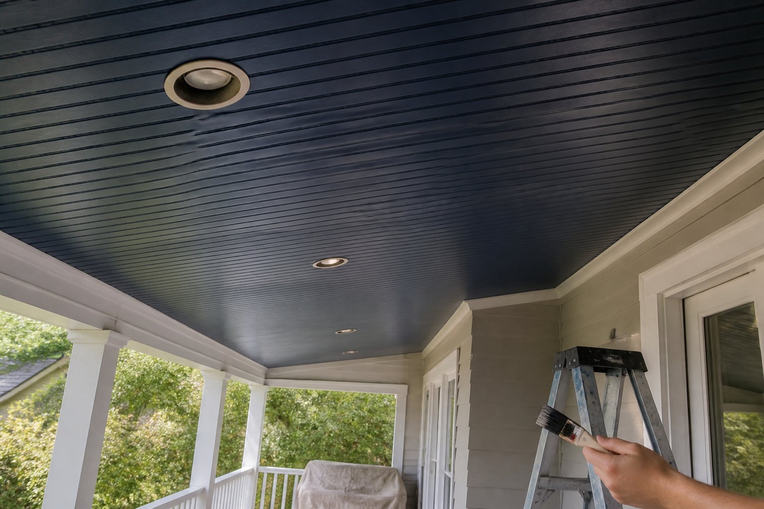 Porch with a navy blue vaulted ceiling and recessed lights, showing a person’s hands holding a paintbrush and some tools nearby.